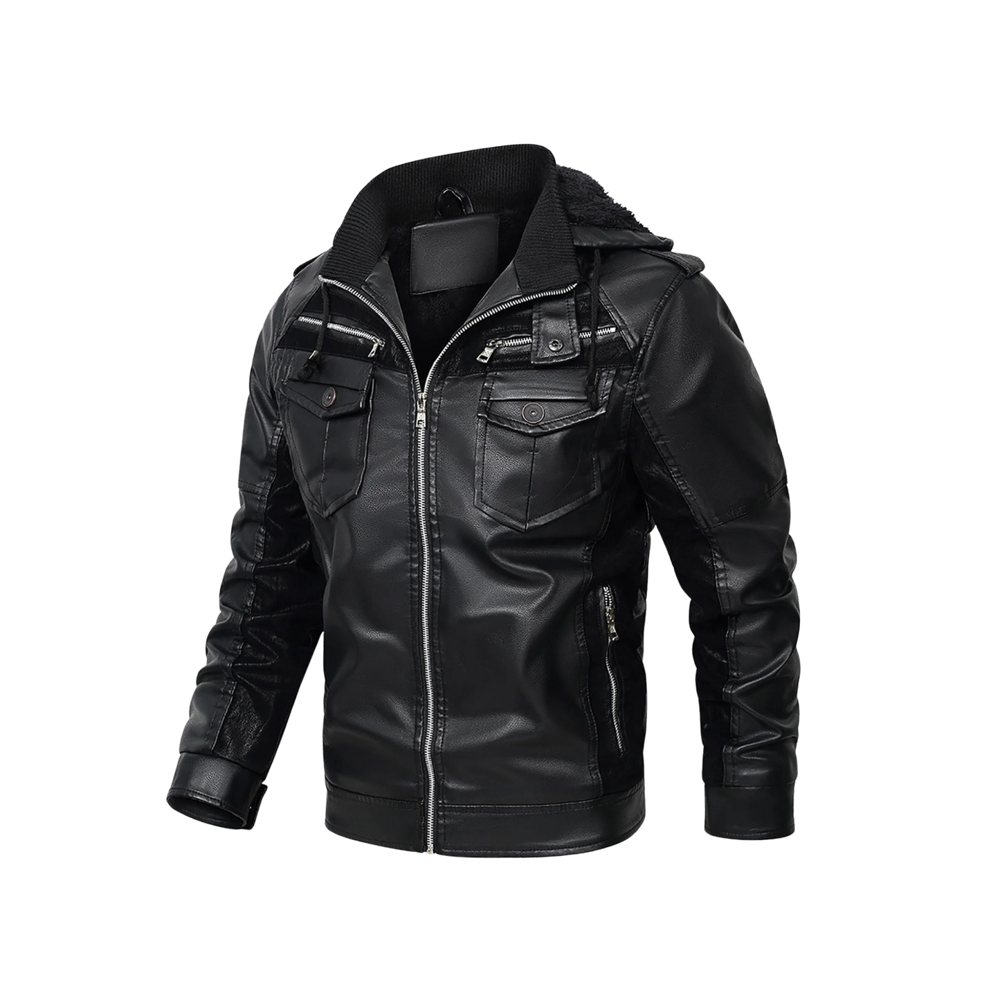 Zolfinx Men's Leather Jackets Winter Fleece Thick Hooded Motorcycle Jacket
