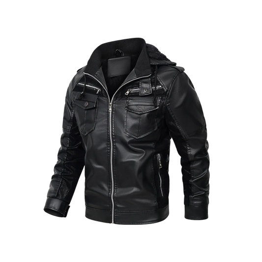 Zolfinx Men's Leather Jackets Winter Fleece Thick Hooded Motorcycle Jacket